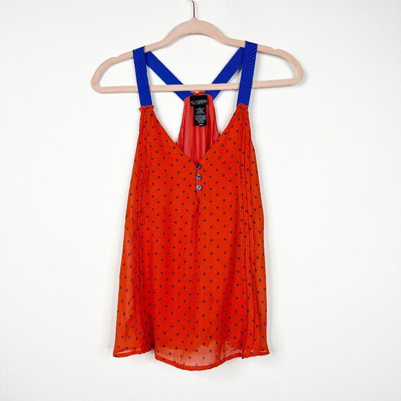 2/$24 Daytrip Polka Dot Tank Top Chiffon Overlay Henley Red Navy Small #8810 - Picture 4 of 8